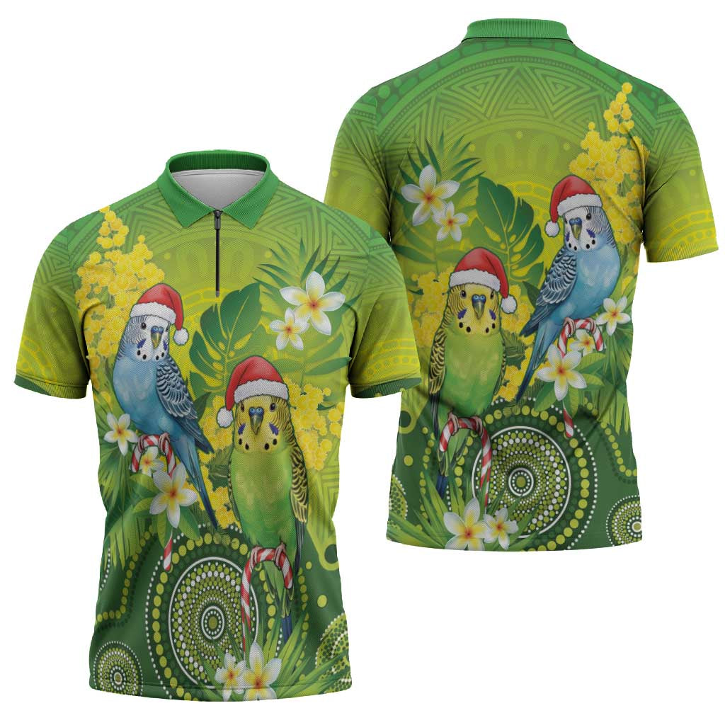 Budgerigar Australia Christmas Zipper Polo Shirt Budgies Golden Wattle Aboriginal Green - Aussie Hoodie