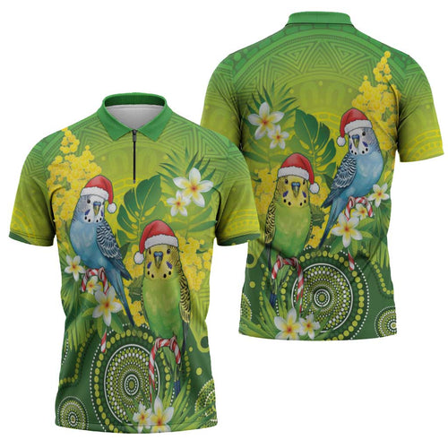 Budgerigar Australia Christmas Zipper Polo Shirt Budgies Golden Wattle Aboriginal Green - Aussie Hoodie