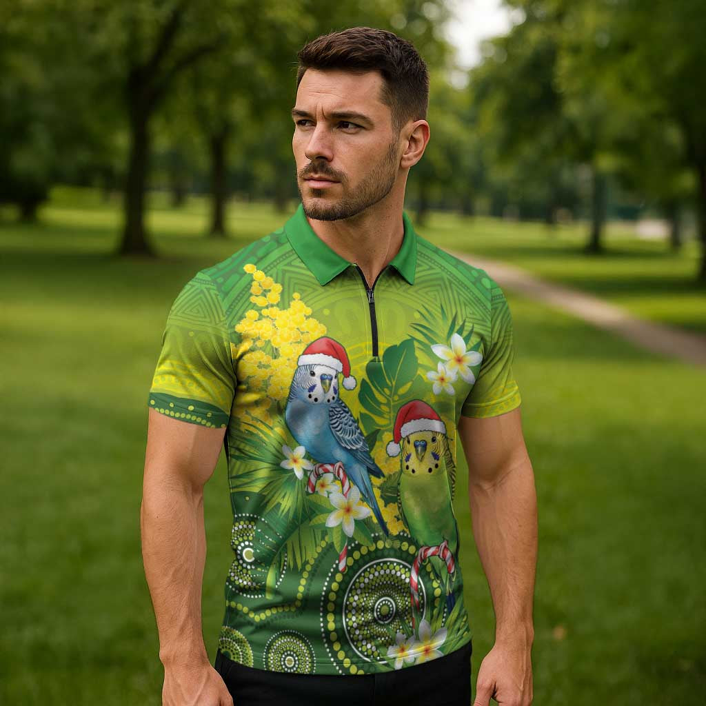 Budgerigar Australia Christmas Zipper Polo Shirt Budgies Golden Wattle Aboriginal Green - Aussie Hoodie