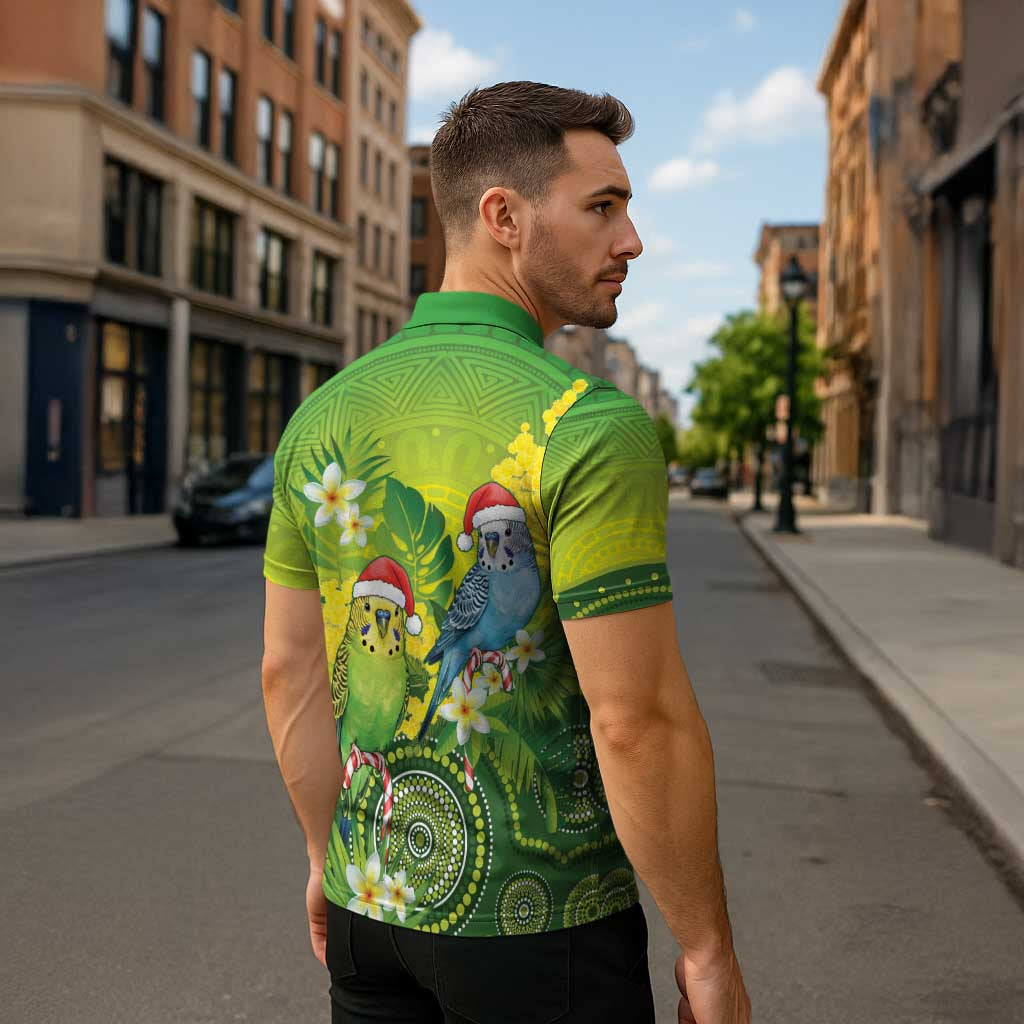 Budgerigar Australia Christmas Zipper Polo Shirt Budgies Golden Wattle Aboriginal Green - Aussie Hoodie