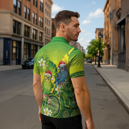 Budgerigar Australia Christmas Zipper Polo Shirt Budgies Golden Wattle Aboriginal Green - Aussie Hoodie