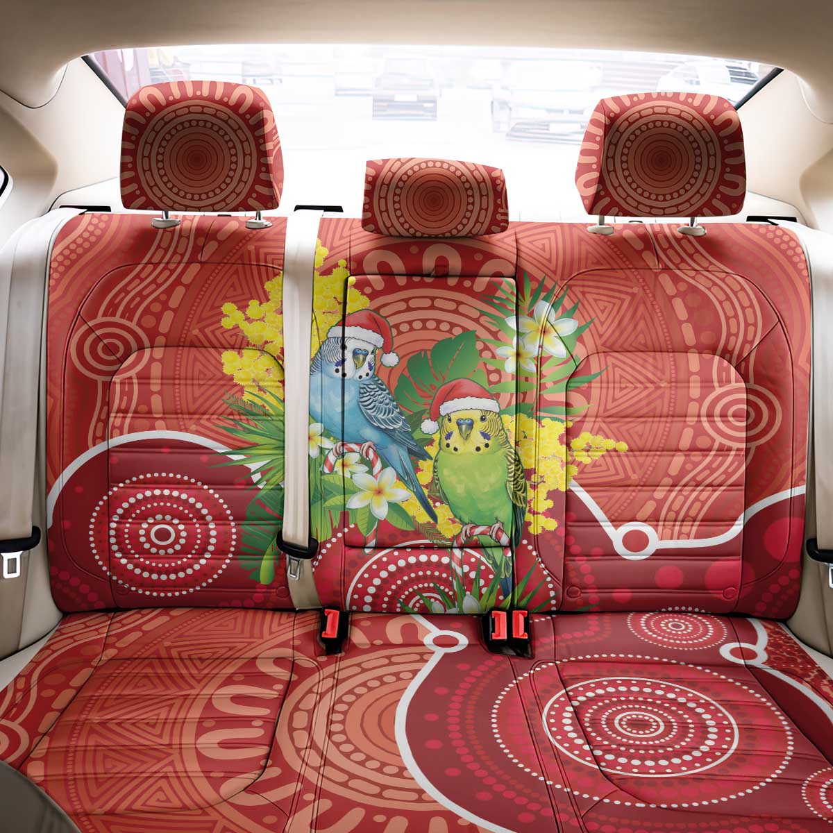 Budgerigar Australia Christmas Back Car Seat Cover Budgies Golden Wattle Aboriginal Red - Aussie Hoodie