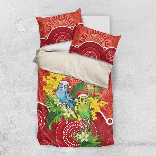 Budgerigar Australia Christmas Bedding Set Budgies Golden Wattle Aboriginal Red - Aussie Hoodie
