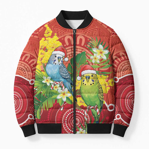 Budgerigar Australia Christmas Bomber Puffer Jacket Budgies Golden Wattle Aboriginal Red - Aussie Hoodie