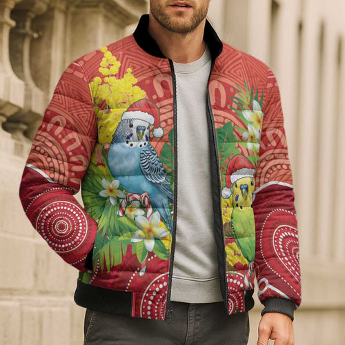 Budgerigar Australia Christmas Bomber Puffer Jacket Budgies Golden Wattle Aboriginal Red - Aussie Hoodie