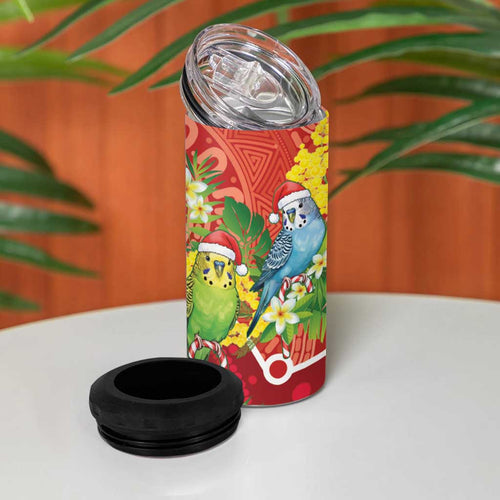 Budgerigar Australia Christmas 4 in 1 Can Cooler Tumbler Budgies Golden Wattle Aboriginal Red - Aussie Hoodie