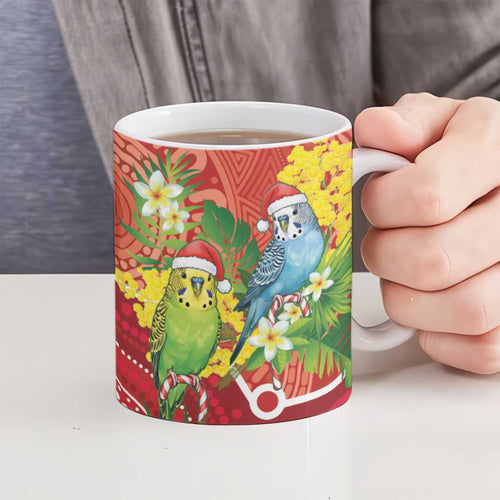 Budgerigar Australia Christmas Ceramic Mug Budgies Golden Wattle Aboriginal Red - Aussie Hoodie