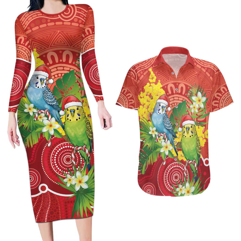 Budgerigar Australia Christmas Couples Matching Long Sleeve Bodycon Dress and Hawaiian Shirt Budgies Golden Wattle Aboriginal Red - Aussie Hoodie