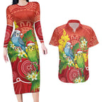 Budgerigar Australia Christmas Couples Matching Long Sleeve Bodycon Dress and Hawaiian Shirt Budgies Golden Wattle Aboriginal Red - Aussie Hoodie