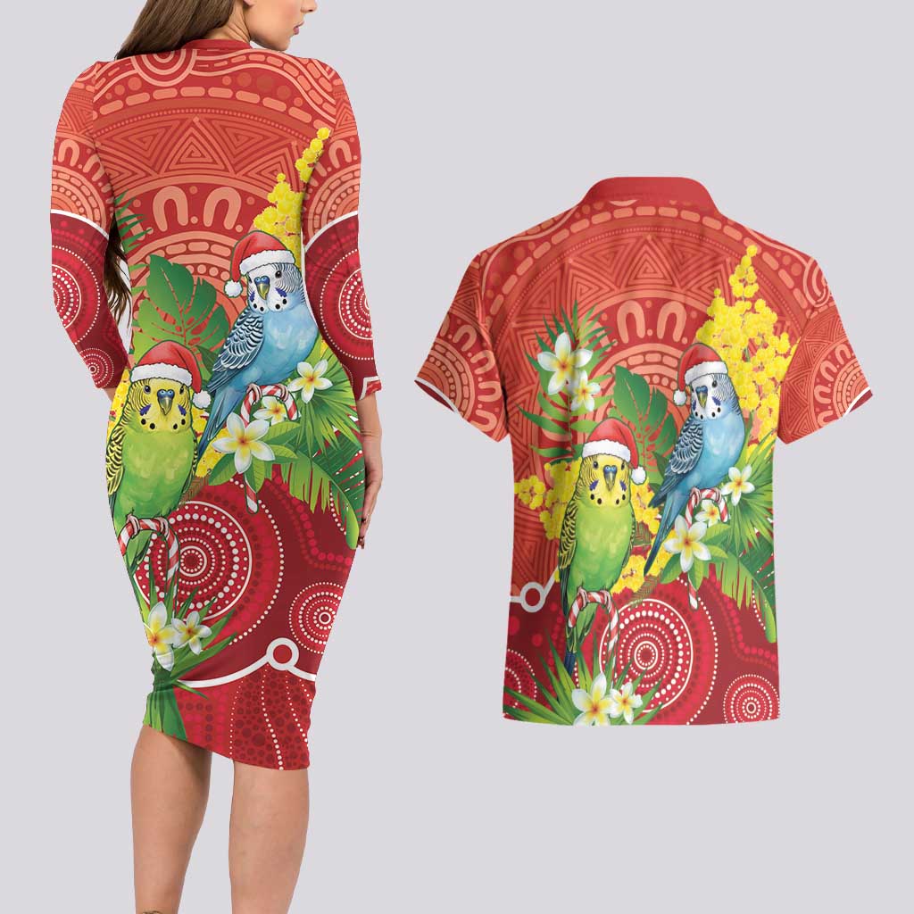 Budgerigar Australia Christmas Couples Matching Long Sleeve Bodycon Dress and Hawaiian Shirt Budgies Golden Wattle Aboriginal Red - Aussie Hoodie