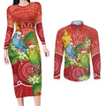 Budgerigar Australia Christmas Couples Matching Long Sleeve Bodycon Dress and Long Sleeve Button Shirt Budgies Golden Wattle Aboriginal Red - Aussie Hoodie