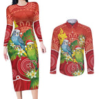 Budgerigar Australia Christmas Couples Matching Long Sleeve Bodycon Dress and Long Sleeve Button Shirt Budgies Golden Wattle Aboriginal Red - Aussie Hoodie