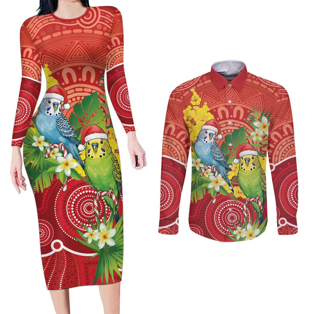 Budgerigar Australia Christmas Couples Matching Long Sleeve Bodycon Dress and Long Sleeve Button Shirt Budgies Golden Wattle Aboriginal Red - Aussie Hoodie