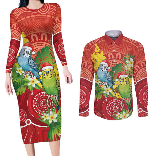 Budgerigar Australia Christmas Couples Matching Long Sleeve Bodycon Dress and Long Sleeve Button Shirt Budgies Golden Wattle Aboriginal Red - Aussie Hoodie