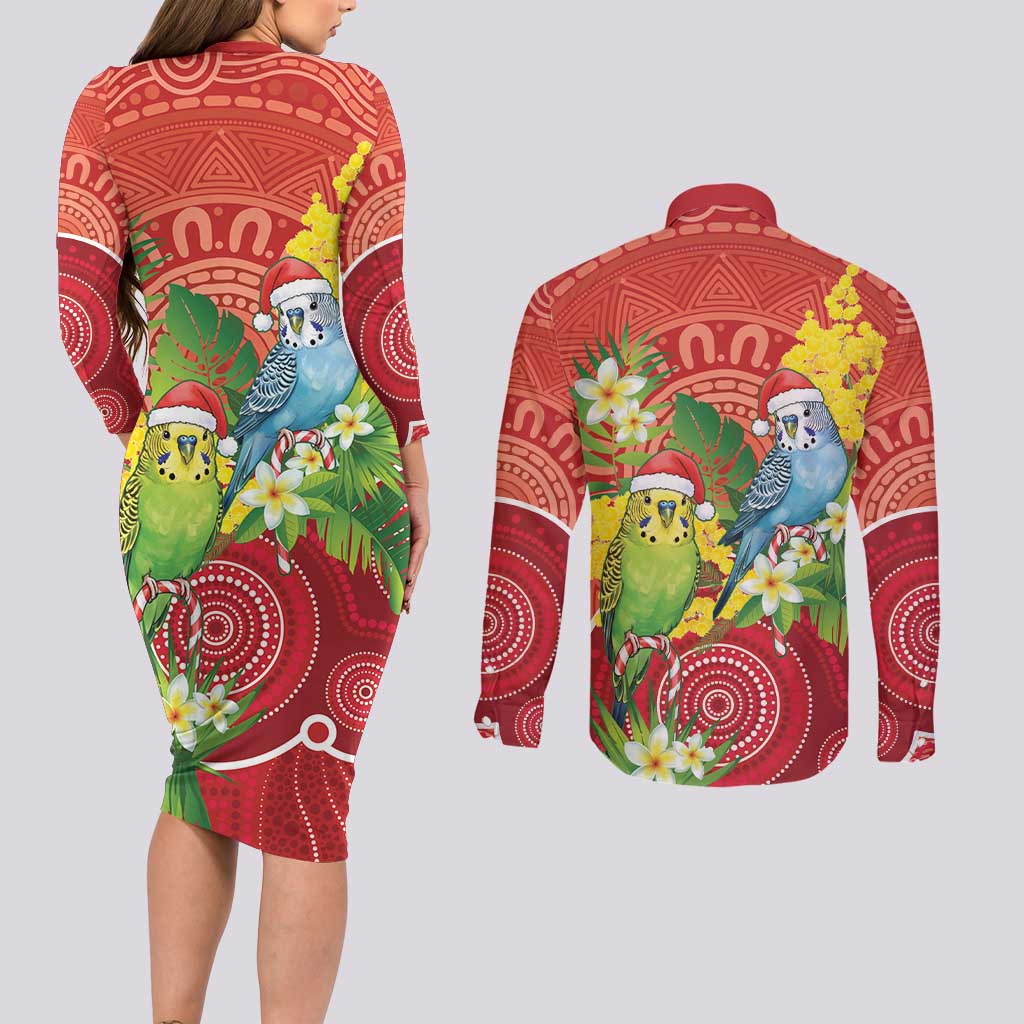 Budgerigar Australia Christmas Couples Matching Long Sleeve Bodycon Dress and Long Sleeve Button Shirt Budgies Golden Wattle Aboriginal Red - Aussie Hoodie