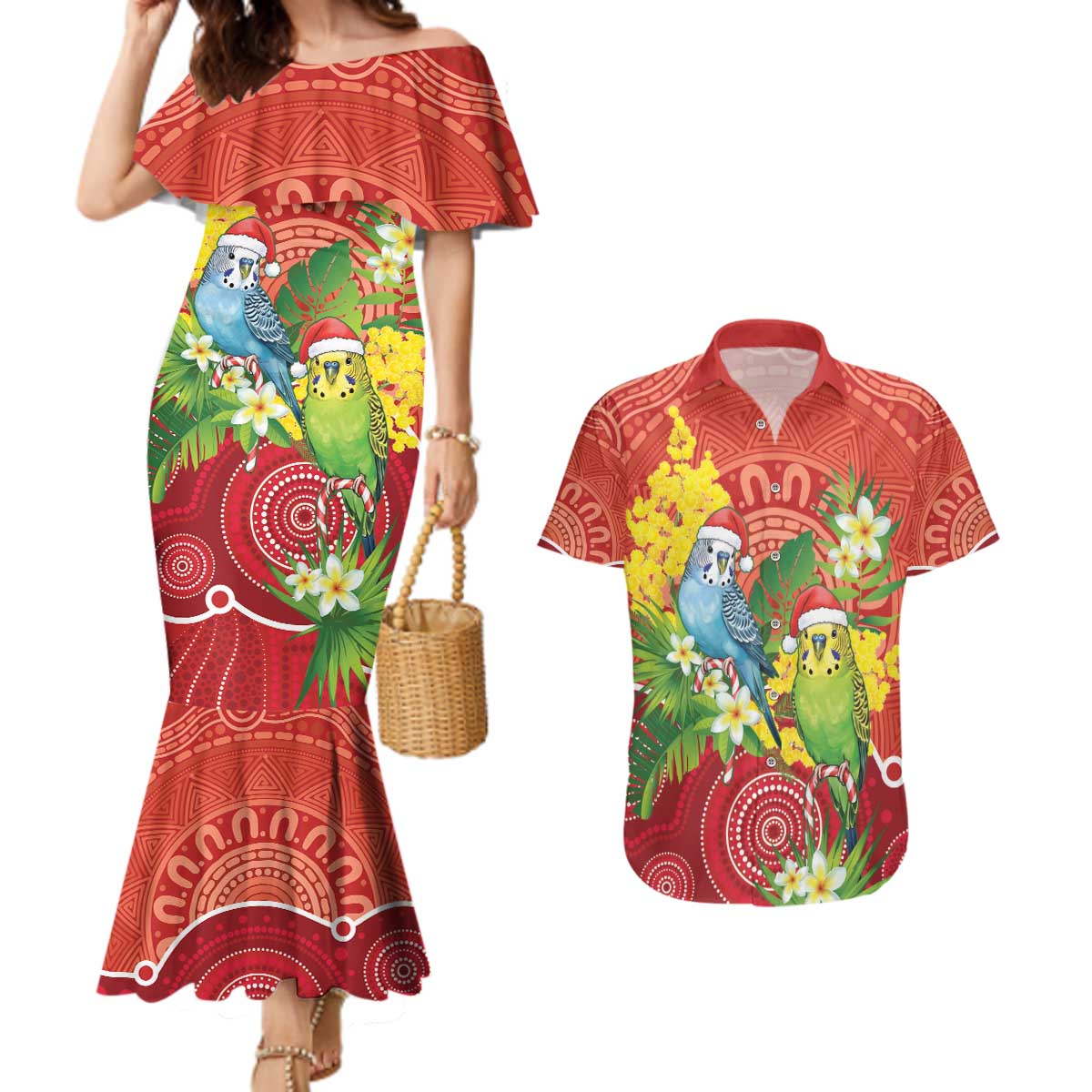 Budgerigar Australia Christmas Couples Matching Mermaid Dress and Hawaiian Shirt Budgies Golden Wattle Aboriginal Red - Aussie Hoodie