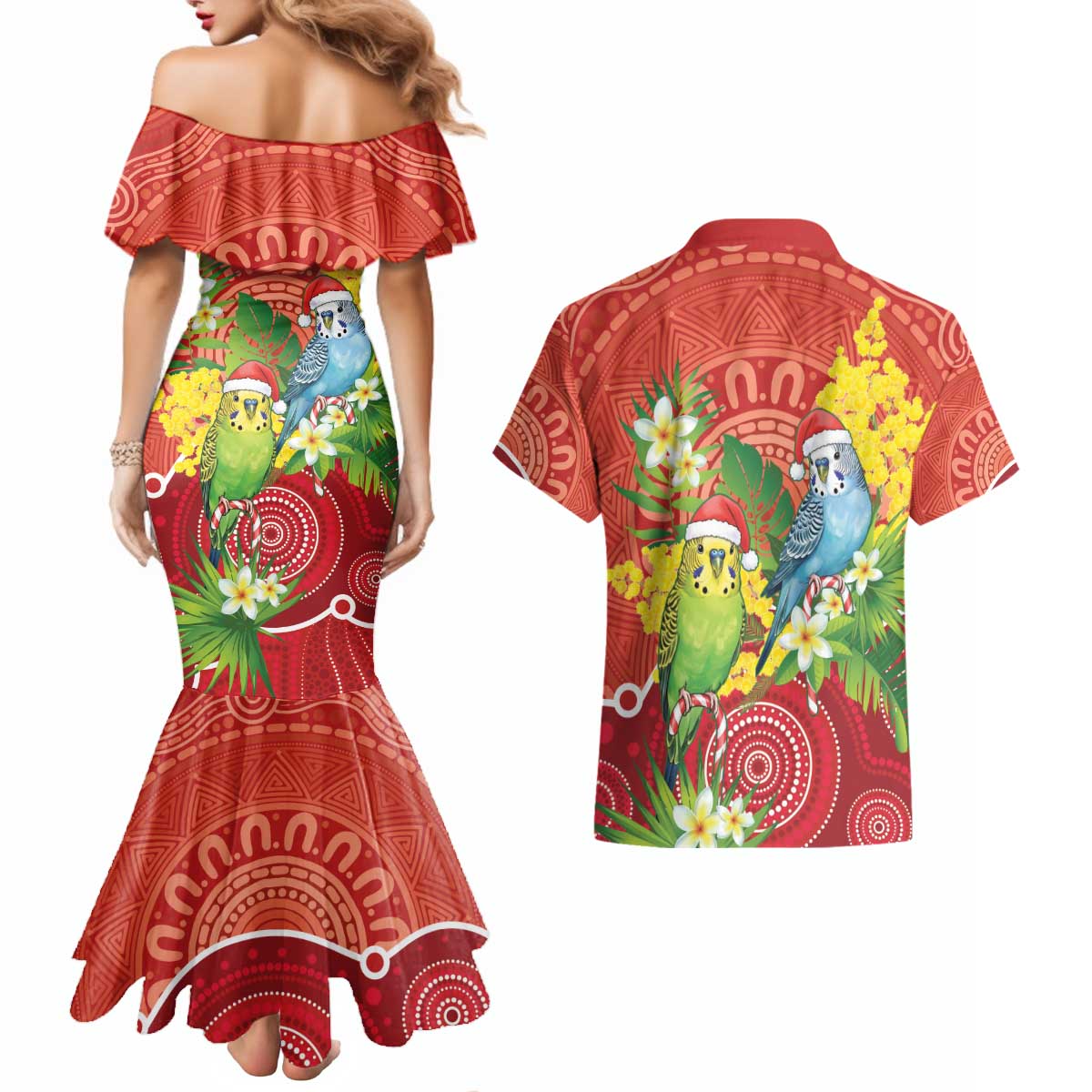 Budgerigar Australia Christmas Couples Matching Mermaid Dress and Hawaiian Shirt Budgies Golden Wattle Aboriginal Red - Aussie Hoodie