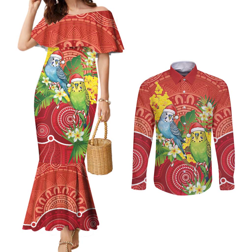 Budgerigar Australia Christmas Couples Matching Mermaid Dress and Long Sleeve Button Shirt Budgies Golden Wattle Aboriginal Red - Aussie Hoodie