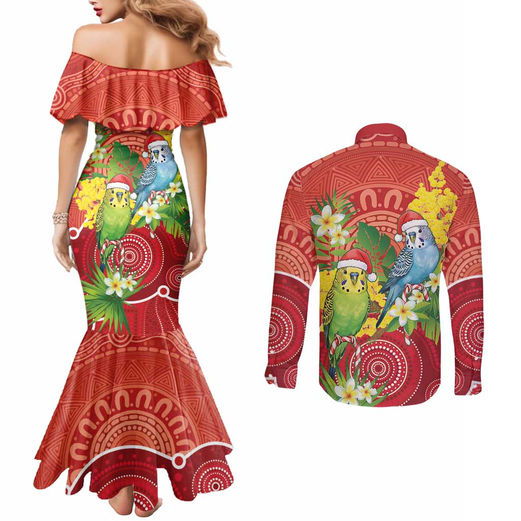 Budgerigar Australia Christmas Couples Matching Mermaid Dress and Long Sleeve Button Shirt Budgies Golden Wattle Aboriginal Red - Aussie Hoodie