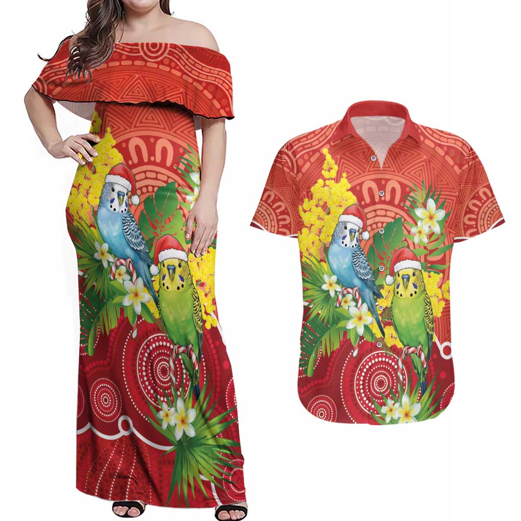 Budgerigar Australia Christmas Couples Matching Off Shoulder Maxi Dress and Hawaiian Shirt Budgies Golden Wattle Aboriginal Red - Aussie Hoodie