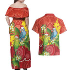 Budgerigar Australia Christmas Couples Matching Off Shoulder Maxi Dress and Hawaiian Shirt Budgies Golden Wattle Aboriginal Red - Aussie Hoodie