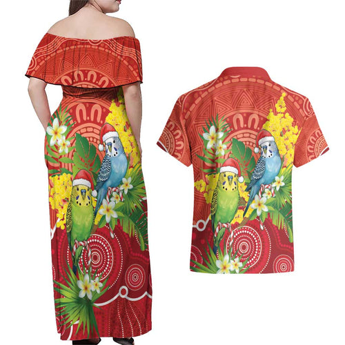 Budgerigar Australia Christmas Couples Matching Off Shoulder Maxi Dress and Hawaiian Shirt Budgies Golden Wattle Aboriginal Red - Aussie Hoodie