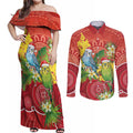 Budgerigar Australia Christmas Couples Matching Off Shoulder Maxi Dress and Long Sleeve Button Shirt Budgies Golden Wattle Aboriginal Red - Aussie Hoodie