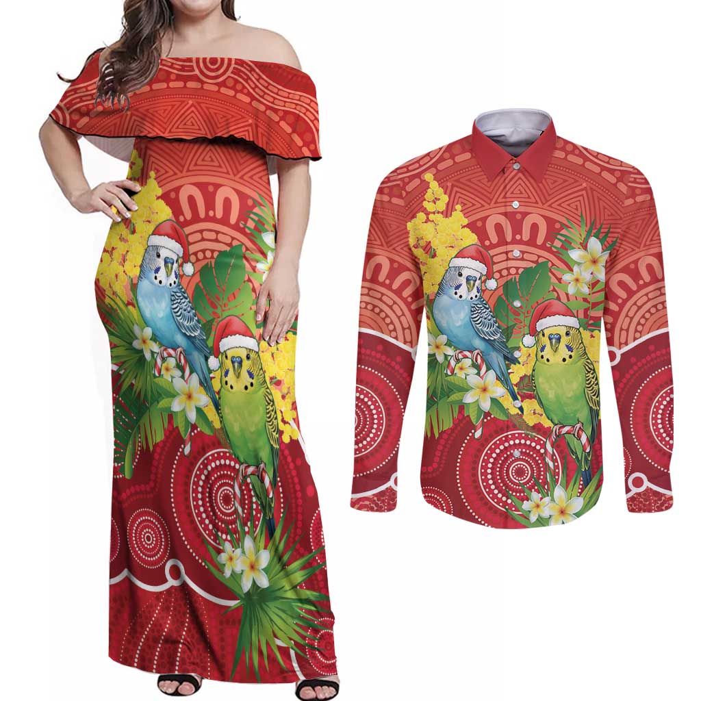 Budgerigar Australia Christmas Couples Matching Off Shoulder Maxi Dress and Long Sleeve Button Shirt Budgies Golden Wattle Aboriginal Red - Aussie Hoodie