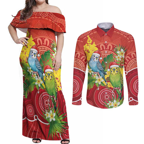 Budgerigar Australia Christmas Couples Matching Off Shoulder Maxi Dress and Long Sleeve Button Shirt Budgies Golden Wattle Aboriginal Red - Aussie Hoodie