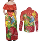Budgerigar Australia Christmas Couples Matching Off Shoulder Maxi Dress and Long Sleeve Button Shirt Budgies Golden Wattle Aboriginal Red - Aussie Hoodie