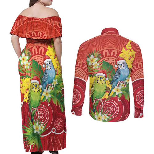 Budgerigar Australia Christmas Couples Matching Off Shoulder Maxi Dress and Long Sleeve Button Shirt Budgies Golden Wattle Aboriginal Red - Aussie Hoodie