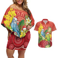 Budgerigar Australia Christmas Couples Matching Off Shoulder Short Dress and Hawaiian Shirt Budgies Golden Wattle Aboriginal Red - Aussie Hoodie