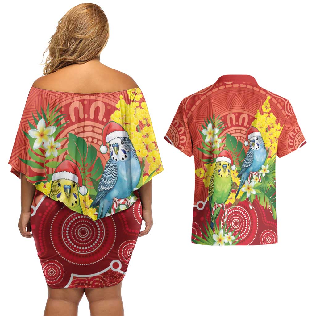 Budgerigar Australia Christmas Couples Matching Off Shoulder Short Dress and Hawaiian Shirt Budgies Golden Wattle Aboriginal Red - Aussie Hoodie