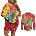 Budgerigar Australia Christmas Couples Matching Off Shoulder Short Dress and Long Sleeve Button Shirt Budgies Golden Wattle Aboriginal Red - Aussie Hoodie