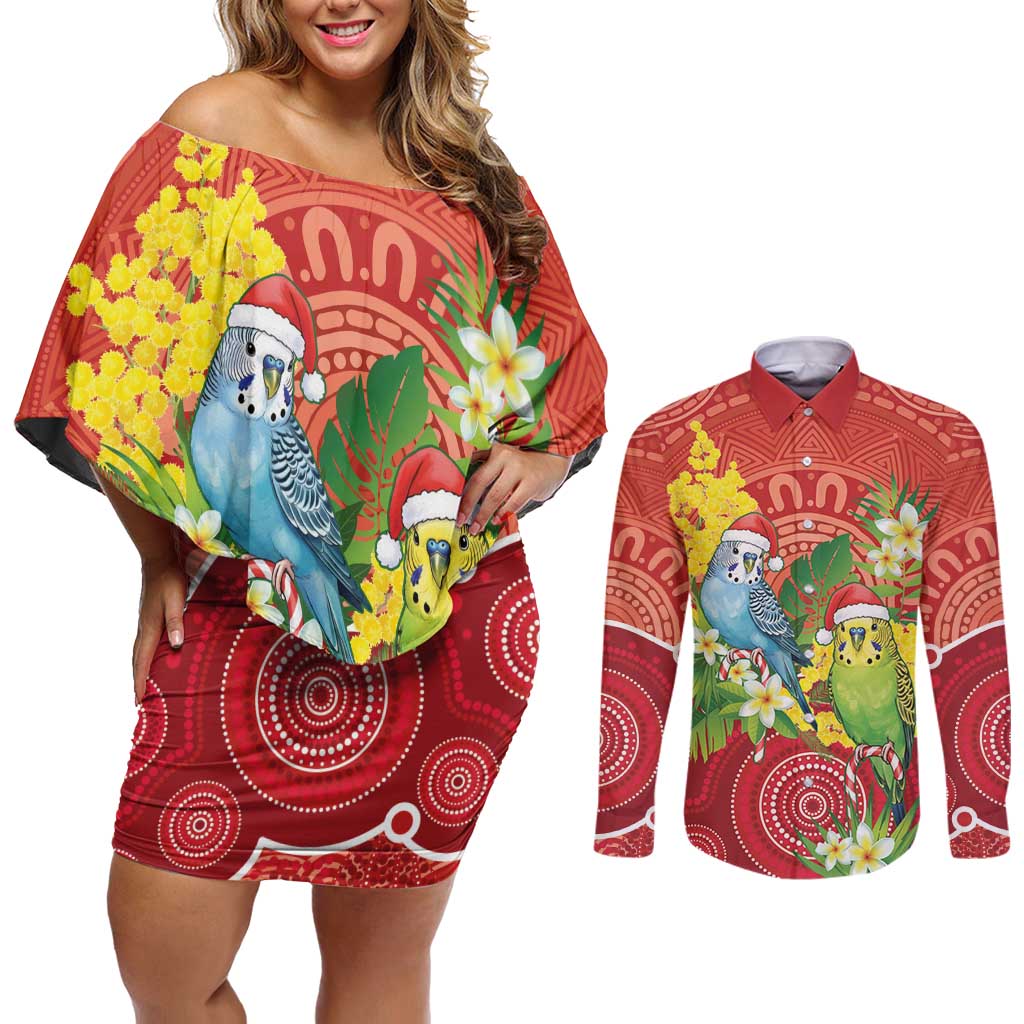 Budgerigar Australia Christmas Couples Matching Off Shoulder Short Dress and Long Sleeve Button Shirt Budgies Golden Wattle Aboriginal Red - Aussie Hoodie