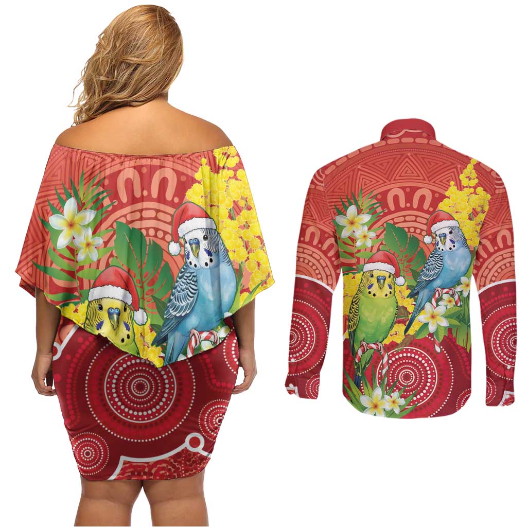 Budgerigar Australia Christmas Couples Matching Off Shoulder Short Dress and Long Sleeve Button Shirt Budgies Golden Wattle Aboriginal Red - Aussie Hoodie