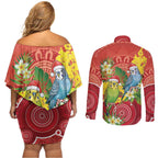 Budgerigar Australia Christmas Couples Matching Off Shoulder Short Dress and Long Sleeve Button Shirt Budgies Golden Wattle Aboriginal Red - Aussie Hoodie