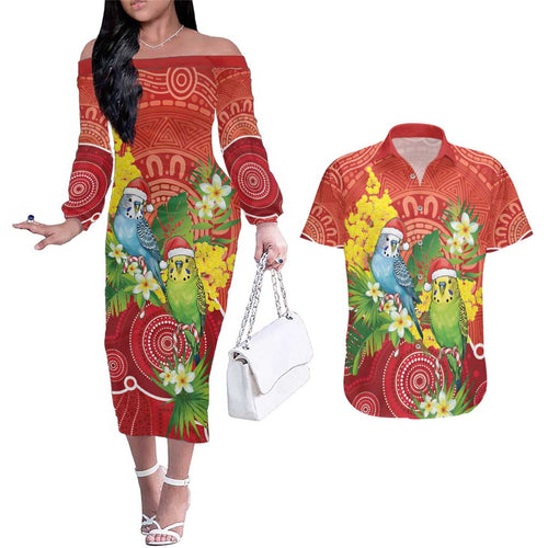 Budgerigar Australia Christmas Couples Matching Off The Shoulder Long Sleeve Dress and Hawaiian Shirt Budgies Golden Wattle Aboriginal Red - Aussie Hoodie
