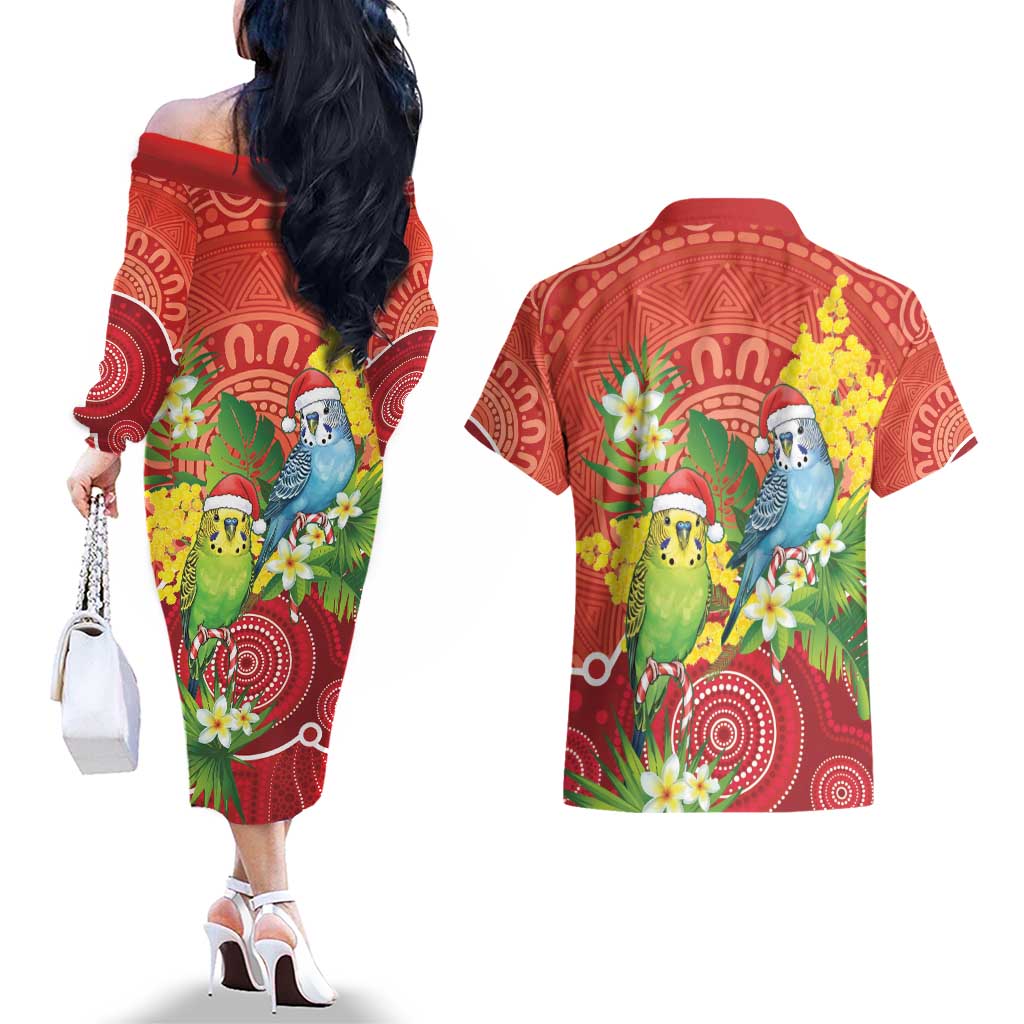 Budgerigar Australia Christmas Couples Matching Off The Shoulder Long Sleeve Dress and Hawaiian Shirt Budgies Golden Wattle Aboriginal Red - Aussie Hoodie