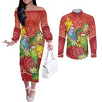 Budgerigar Australia Christmas Couples Matching Off The Shoulder Long Sleeve Dress and Long Sleeve Button Shirt Budgies Golden Wattle Aboriginal Red - Aussie Hoodie