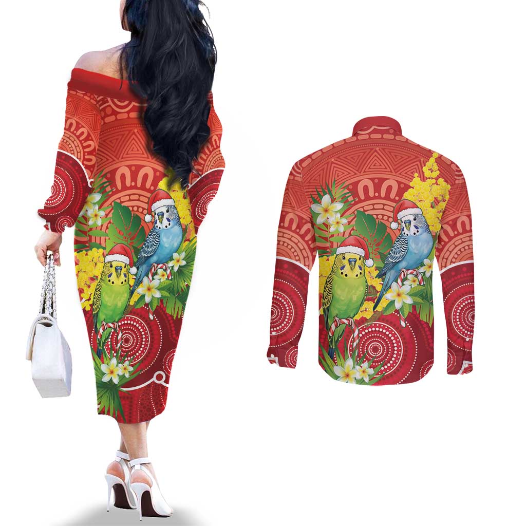 Budgerigar Australia Christmas Couples Matching Off The Shoulder Long Sleeve Dress and Long Sleeve Button Shirt Budgies Golden Wattle Aboriginal Red - Aussie Hoodie