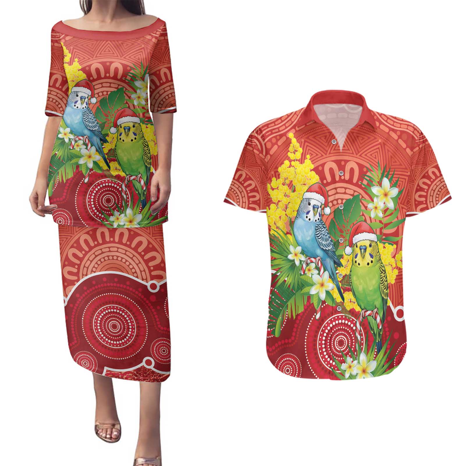 Budgerigar Australia Christmas Couples Matching Puletasi and Hawaiian Shirt Budgies Golden Wattle Aboriginal Red - Aussie Hoodie