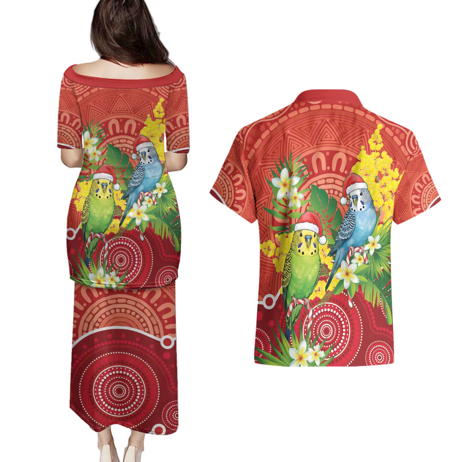 Budgerigar Australia Christmas Couples Matching Puletasi and Hawaiian Shirt Budgies Golden Wattle Aboriginal Red - Aussie Hoodie