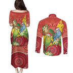 Budgerigar Australia Christmas Couples Matching Puletasi and Long Sleeve Button Shirt Budgies Golden Wattle Aboriginal Red - Aussie Hoodie
