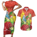 Budgerigar Australia Christmas Couples Matching Short Sleeve Bodycon Dress and Hawaiian Shirt Budgies Golden Wattle Aboriginal Red - Aussie Hoodie