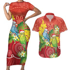 Budgerigar Australia Christmas Couples Matching Short Sleeve Bodycon Dress and Hawaiian Shirt Budgies Golden Wattle Aboriginal Red - Aussie Hoodie