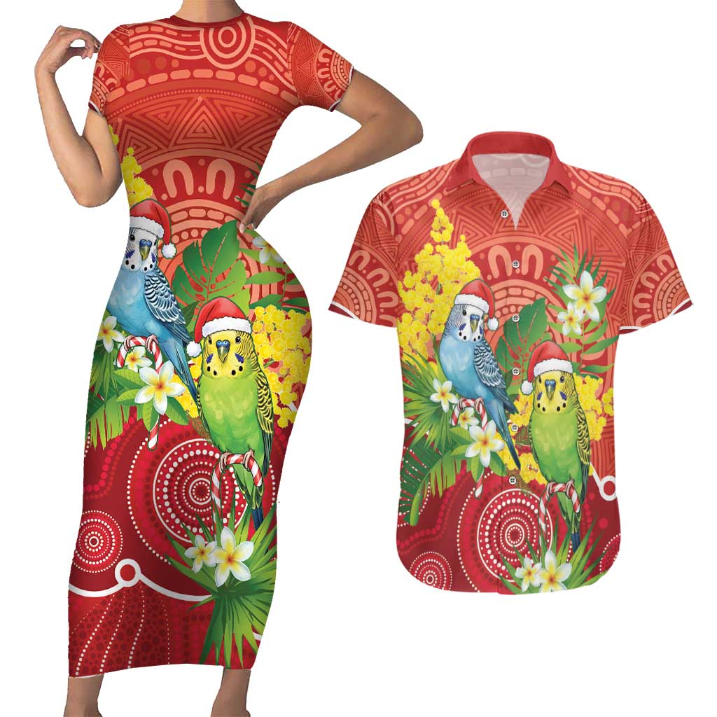 Budgerigar Australia Christmas Couples Matching Short Sleeve Bodycon Dress and Hawaiian Shirt Budgies Golden Wattle Aboriginal Red - Aussie Hoodie