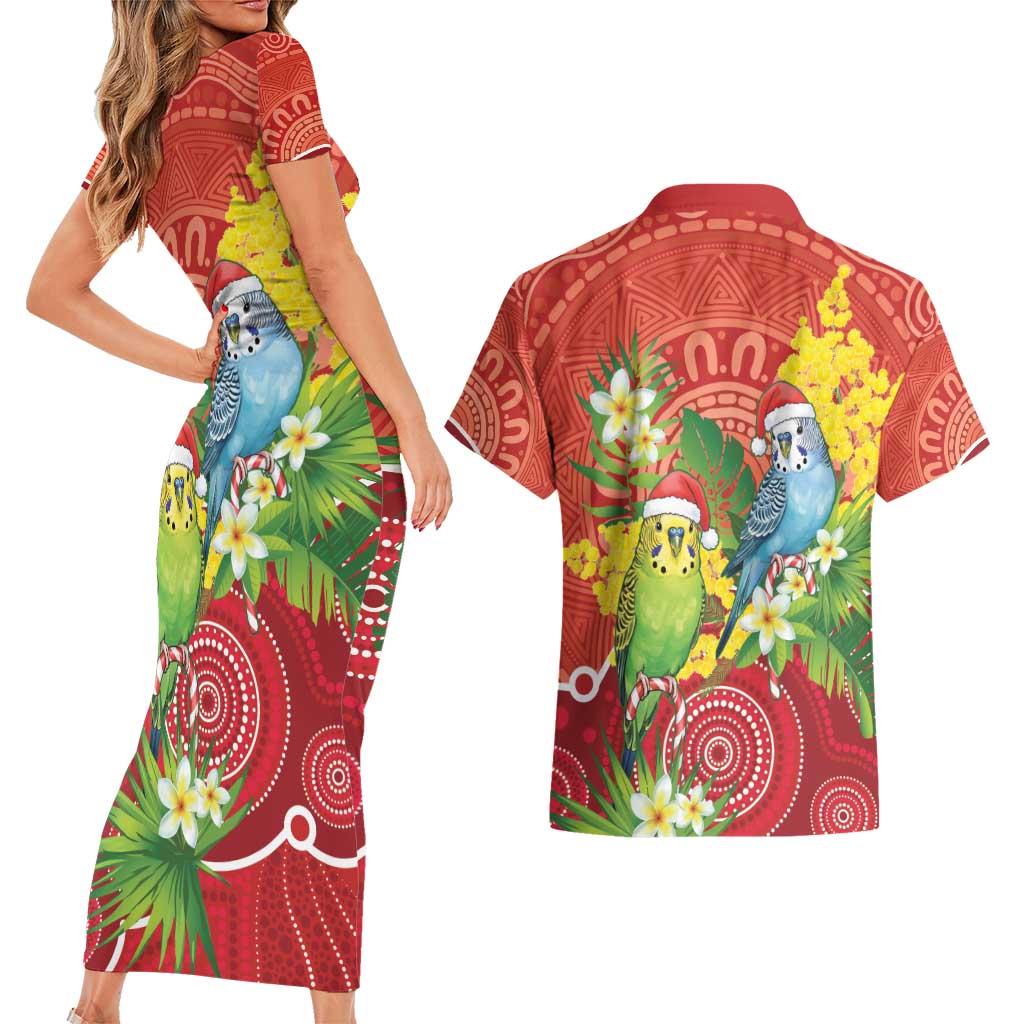 Budgerigar Australia Christmas Couples Matching Short Sleeve Bodycon Dress and Hawaiian Shirt Budgies Golden Wattle Aboriginal Red - Aussie Hoodie