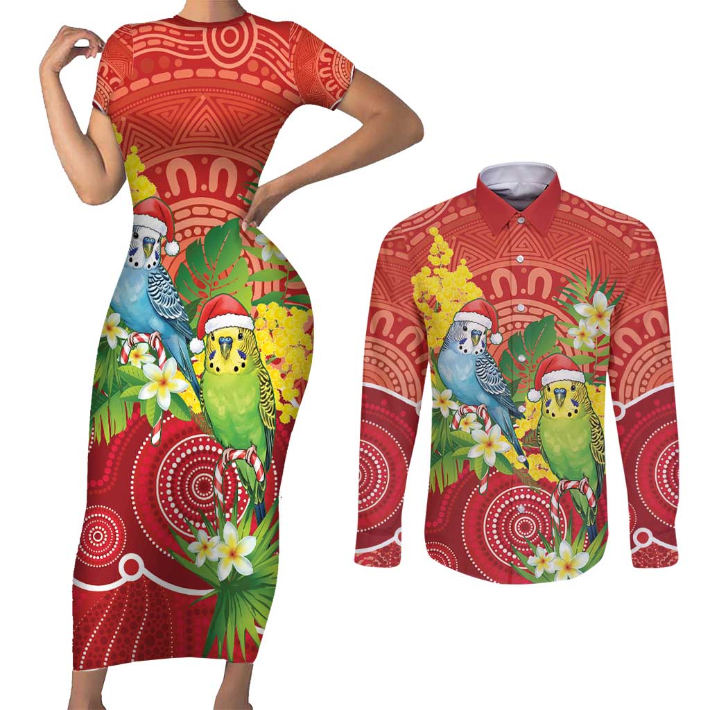 Budgerigar Australia Christmas Couples Matching Short Sleeve Bodycon Dress and Long Sleeve Button Shirt Budgies Golden Wattle Aboriginal Red - Aussie Hoodie