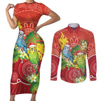 Budgerigar Australia Christmas Couples Matching Short Sleeve Bodycon Dress and Long Sleeve Button Shirt Budgies Golden Wattle Aboriginal Red - Aussie Hoodie